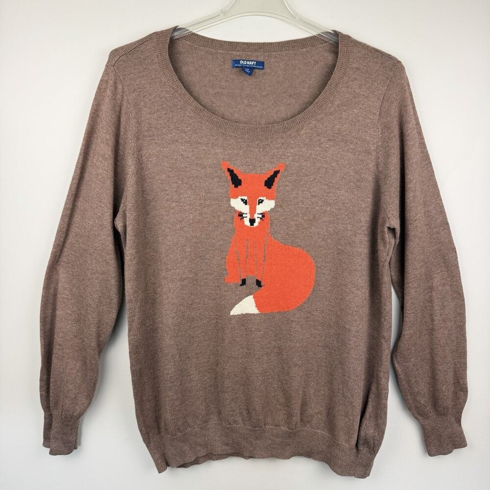 Old Navy Fox Sweater Womens XL Brown Autumn Woodland Equestrian Blogger Favorite